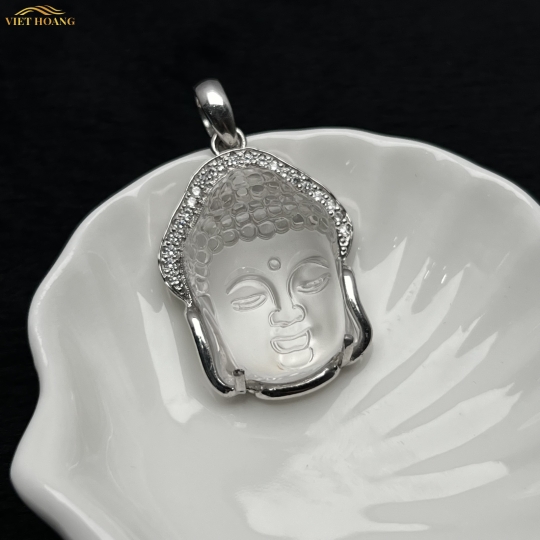 MẶT PHẬT THẠCH ANH TRẮNG BỌC BẠC 19x27mm