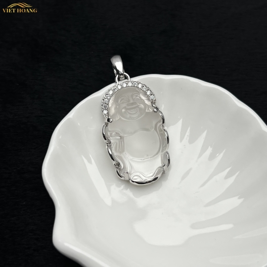 PHẬT DI LẠC THẠCH ANH TRẮNG BỌC BẠC 18x30mm