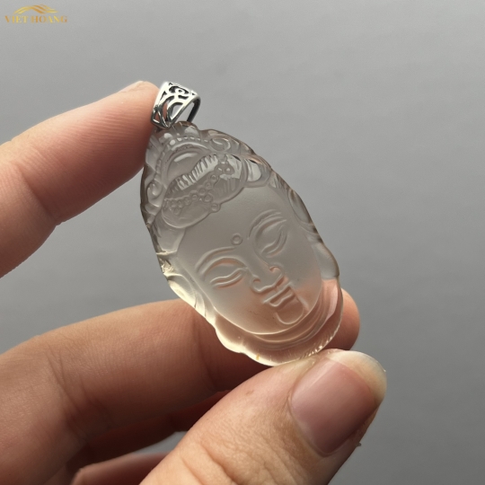 MẶT DÂY CHUYỀN QUAN ÂM BỒ TÁT KHOEN BẠC 925 THẠCH ANH KHÓI 20X41MM